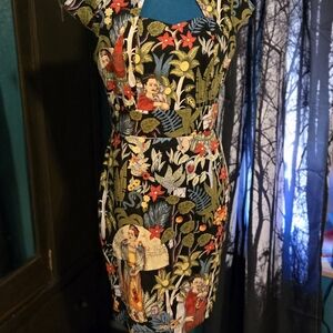 Floral Black Fitted Midi Dress with Multicolor Botanical Print